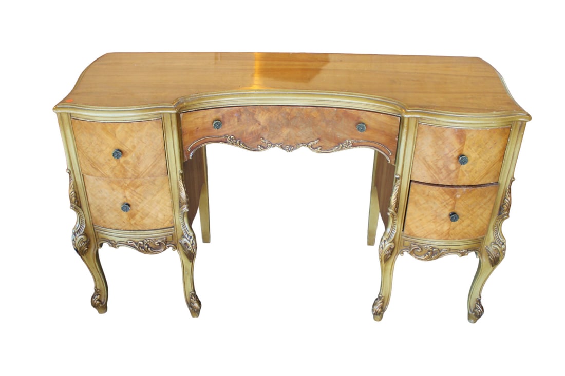 Semi antique french ptd. frame burl maple carved vanity: Semi antique french style painted framed burl maple carved vanity, 5 drawers, structurally sound with some finish wear on top. 30"h x 52"l x 20"d