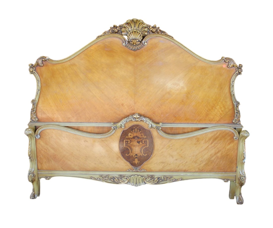 Semi antique french full size bed, ptd. frame, inlaid urn, rails, walnut & other woods (1 of 6)