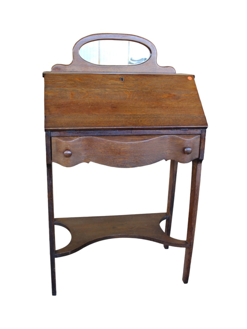Antique oak petite ladies slant front desk, oval mirror back splash & key (1 of 6)
