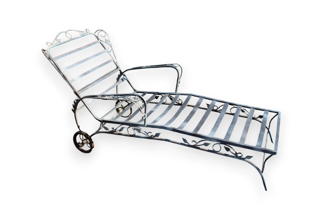 Vintage metal arm chaise lounge, adjustable back.: Vintage metal arm chaise lounge, adjustable back. Structurally sound. No cushion. 34"h x 31"w x 56"l