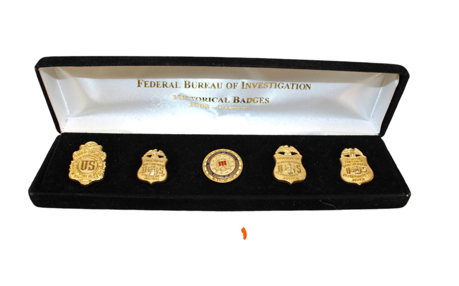 FBI Historical Badges from 1908 to present (5) in black velvet display case. (1 of 4)
