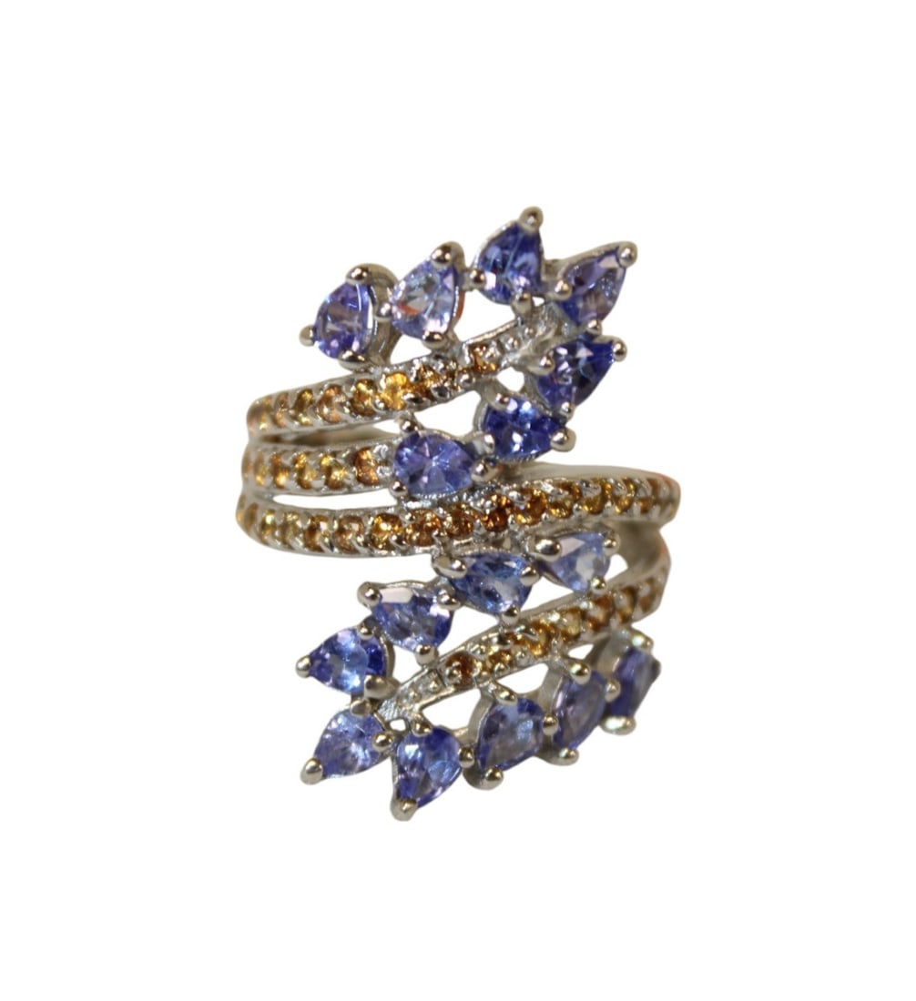 Natural tanzanite with yellow sapphire ring 14k white gold over sterling silver, 1.25", size 8 (1 of 3)