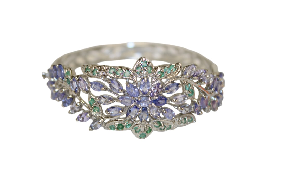 Natural emerald & tanzanite hinged bangle bracelet 14k white gold over sterling silver (1 of 4)