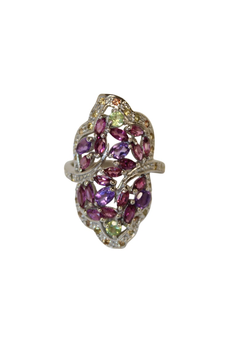 Amethyst, rhodolite garnet, peridot & yellow sapphire ring, 14k white gold over sterling silver, (1 of 3)