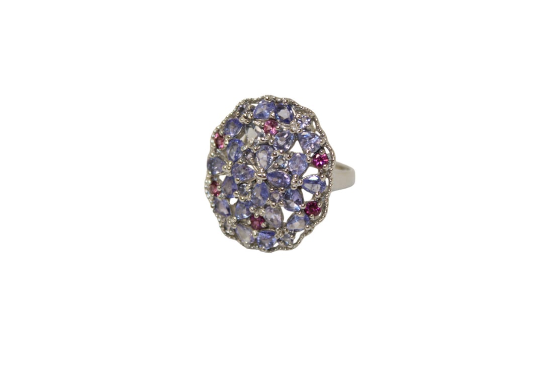 Natural tanzanite and rhodolite garnet 14k white gold over sterling silver, 1"h, size 8: Natural tanzanite and rhodolite garnet 14k white gold over sterling silver, 1"h, size 8