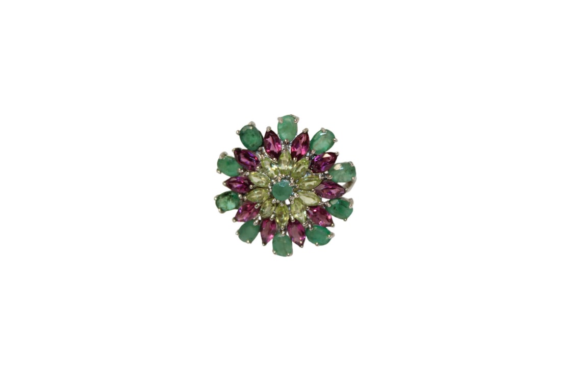 Natural emerald, rhodolite garnet and peridot 14k white gold over sterling silver ring, size 9 (1 of 3)