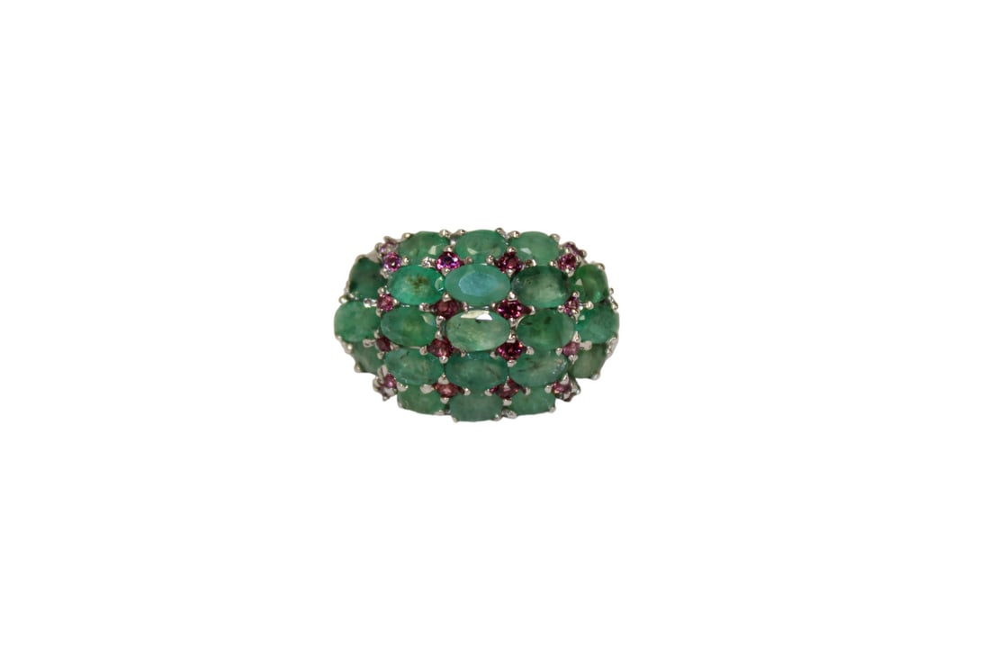 Natural emerald with Rhodolite garnet ring 14k white gold over sterling silver size 9 (1 of 3)