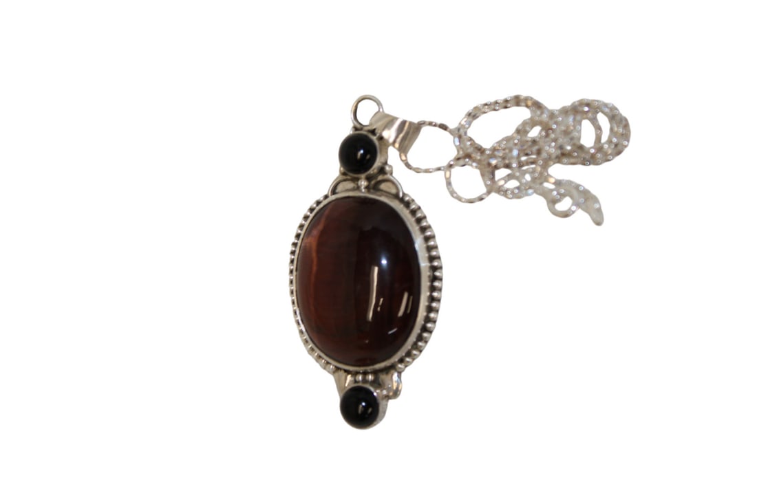 Tigers eye & onyx sterling silver pendant on 18" necklace (1 of 3)