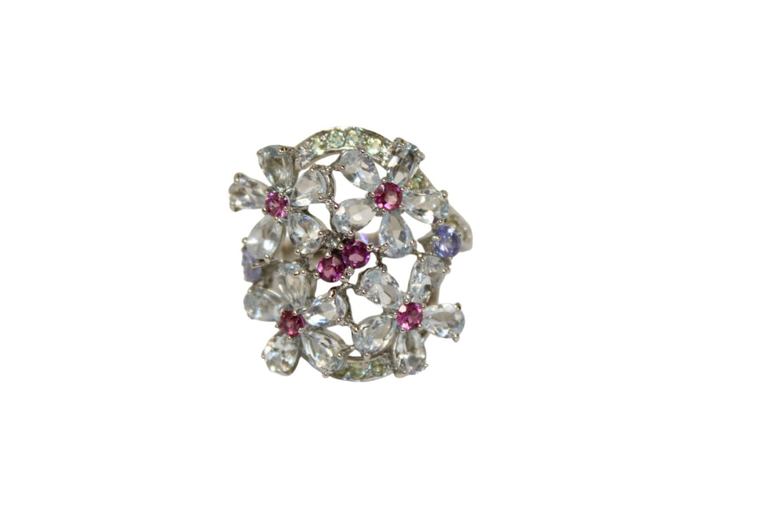 Natural aquamarine, rhodolite garnet, tanzanite & peridot ring in 14k gold over sterling silver, (1 of 4)