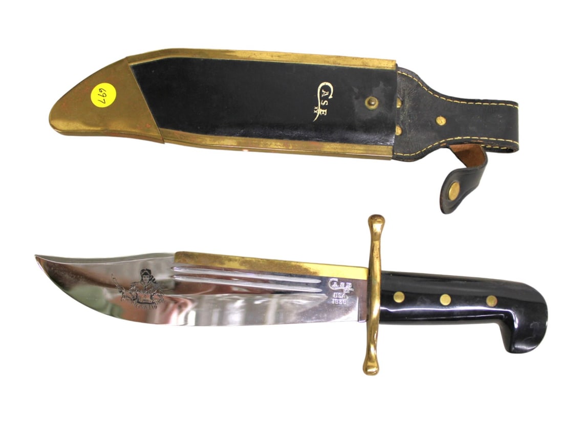 CASE USA 1836 Brass Strap & Spine Bowie Knife, etching of Davey Crocket with Leather Belt Sheath (1 of 2)