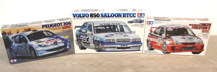 3 unopened Tamiya 1/24 scale models, Mitsubishi Lancer Evolution V WRC, Peugeot 206 WRC , Volvo 850