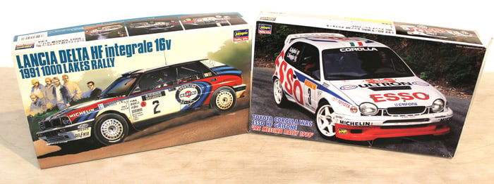 2 Hasegawa Hobby Kit Models in boxes, Toyota Corolla WRC ESSO HF IRC Messina Rally 1998 & Lancia