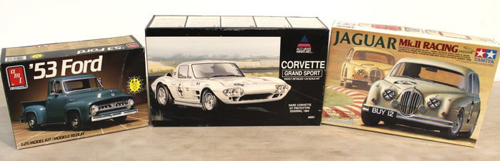 3 models in boxes: 53 Ford AMT, Accurate Miniatures Corvette Grand Sport Rare Prototype, Jaguar