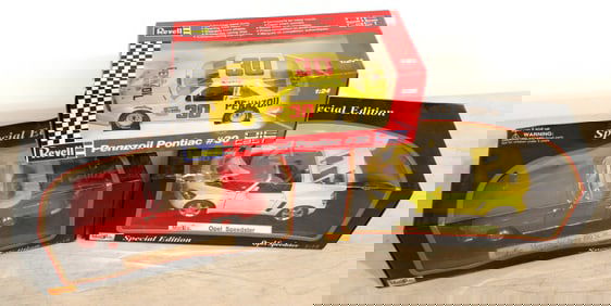 3 Diecast Cars: Maisto Opel Speedster & special Edition 1/18 & Revell Pennzoil Pontiac #30 1/24