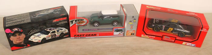 3 cars: 2 diecast Racing Champion & Action, Mini Cooper remote control in original boxes