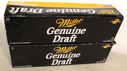 2 Miller Genuine Draft Penske Racing Ford 1/64 scale Race Car Transporter in original boxes