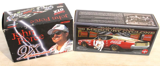 2 diecast cars: John Force 9X Champion Funny Car Pedal Car Collection & Allison's #12 69 Mercury