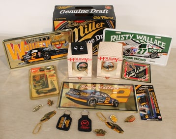 Assortment of Race Car memorabilia, license plates, earrings, key chains, pins, ornaments Miller
