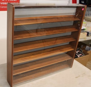 Display case with walnut shelves and lucite front, approx. 27"h x 28"w x 4.5"d