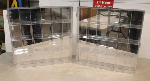 2  clear plastic with mirror back display cases, each 24"h x 24"w x 3"d, need cleaned