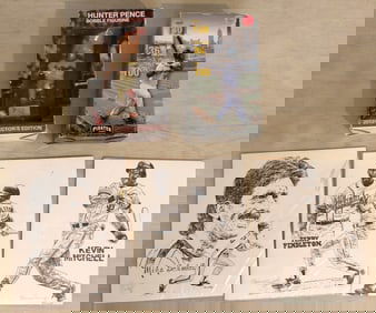 2 baseball bobble heads in boxes and 3 signed character sketches