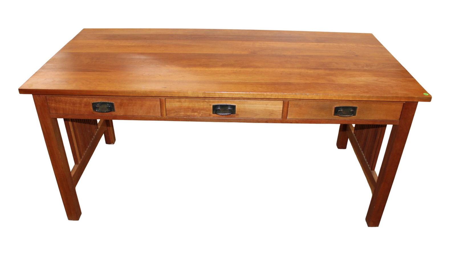 Stickley solid cherry library desk with slatted sides: Stickley solid cherry 3 drawer library desk, slatted sides, structurally sound and in good condition, no noticeable issues. 30"h x 66"l x 32"w