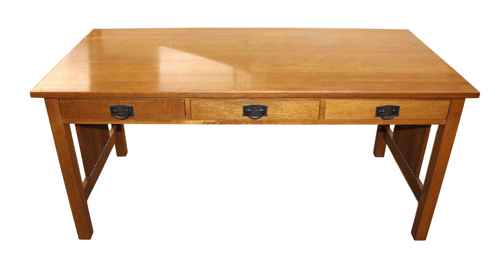 Stickley mission oak library desk with slatted sides: Beautiful Stickley mission oak 3 drawer library desk with slatted sides, structurally sound and in good condition, original finish, no noticeable issues. 30"h x 66"l x 32"w