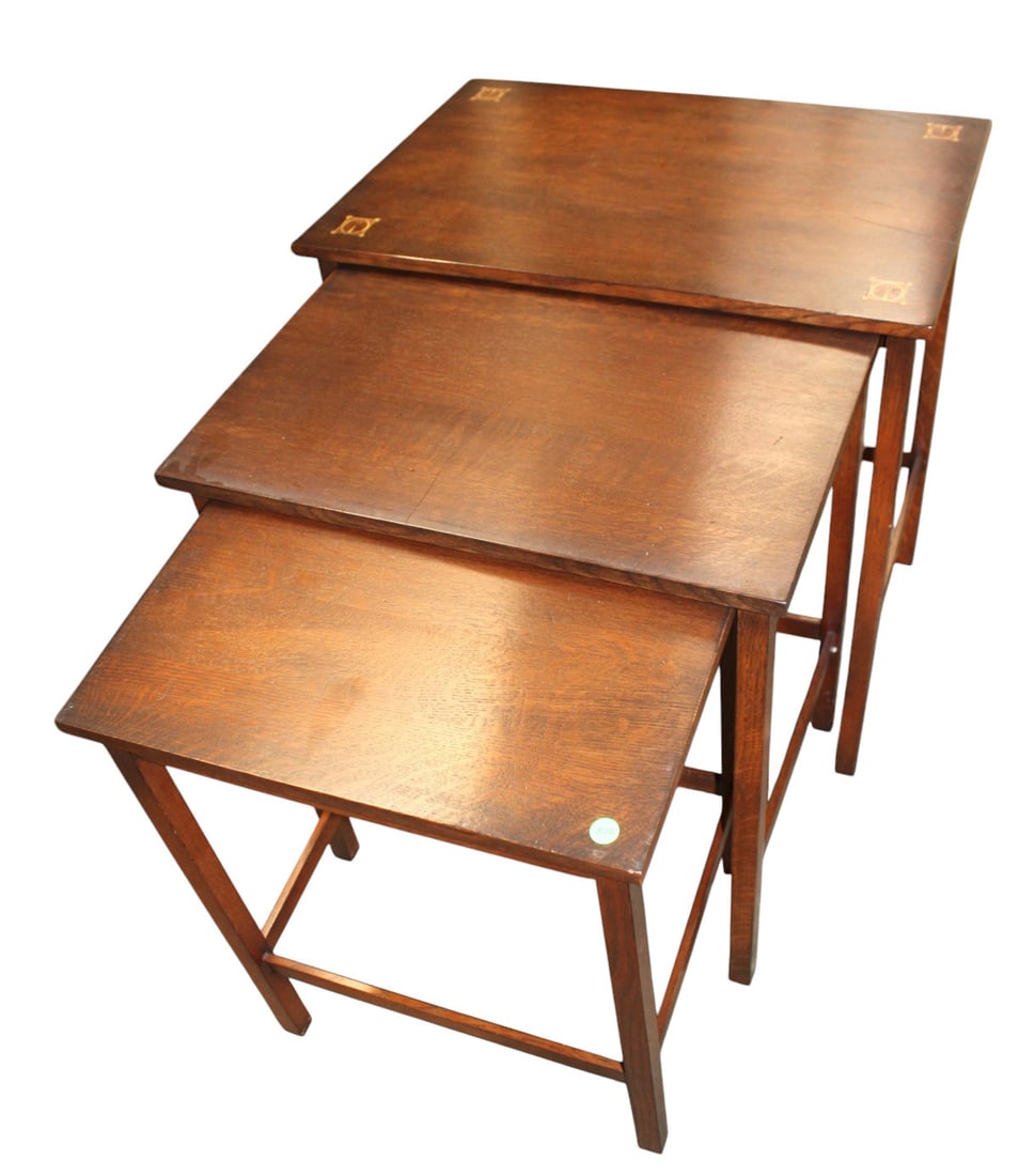 Stickley set 3 Harvey Ellis graduating stack tables: Stickley set of 3 Harvey Ellis Design graduating stack tables, mission oak, nice inlay, structurally sound, good condition, original finish, does have some slight wear. Foot print 25.5"h x 25"w x 18"d