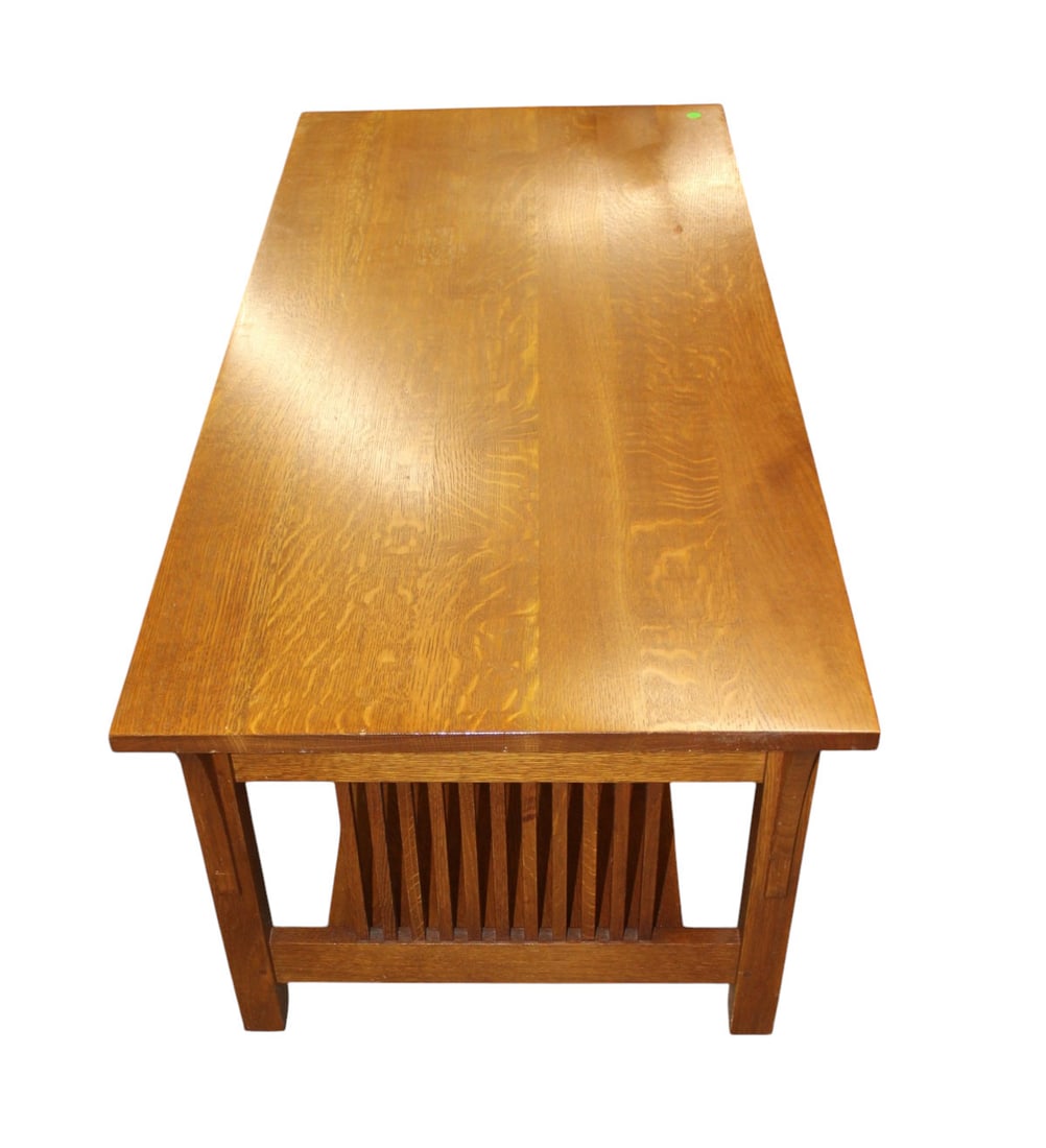 Stickley mission oak 3 drawer slatted side coffee table: Stickley mission oak 3 drawer slatted side coffee table, structurally sound, good condition, original finish, no noticeable issues. 18"h x 48"l x 22"w