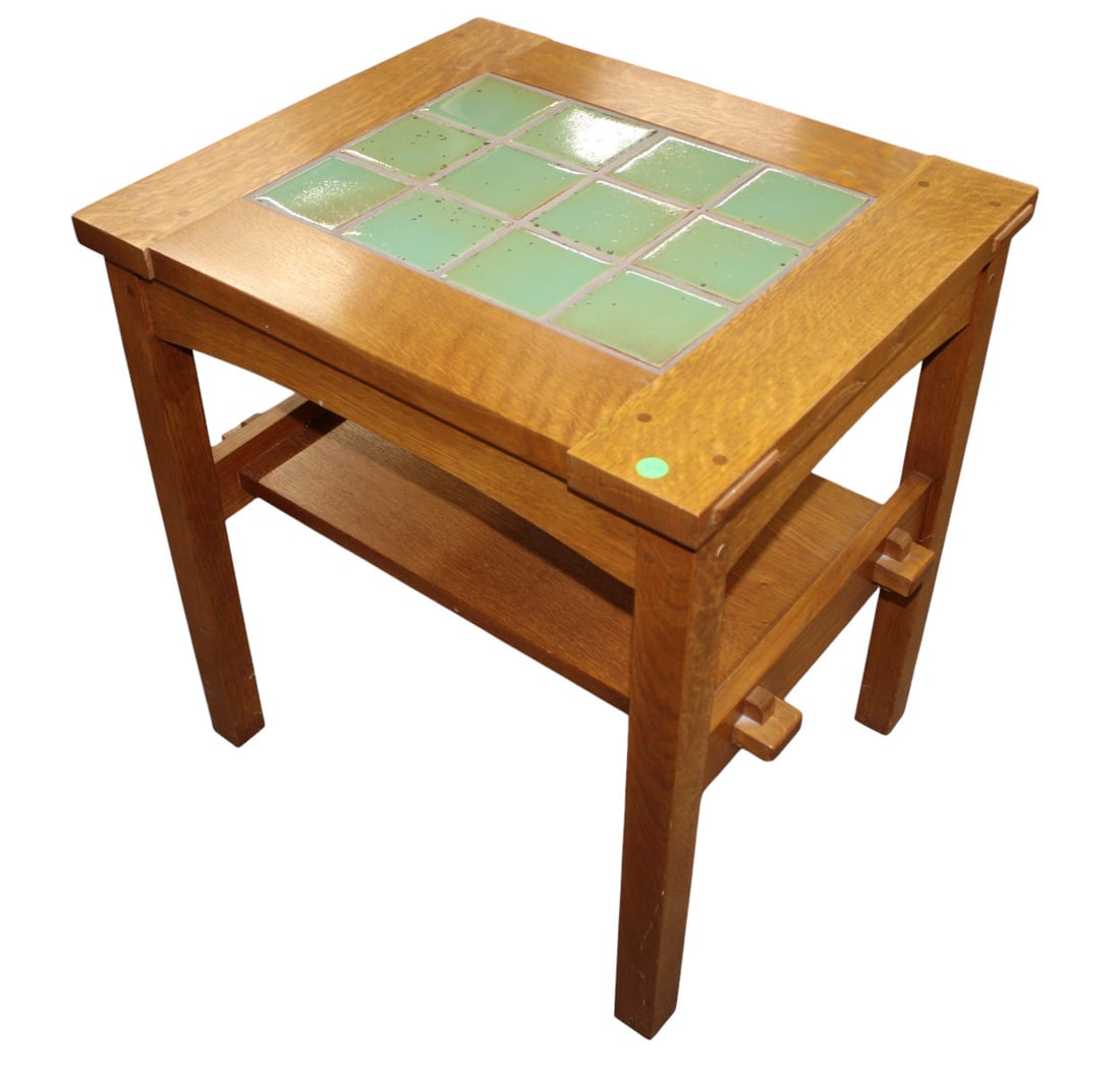 Stickley mission oak tile top side table with mortise accents: Stickley mission oak tile top side table with mortise accents, structurally sound, good condition, tile looks to be antique finish, no noticeable issues. 26"h x 27"w x 20.5"d