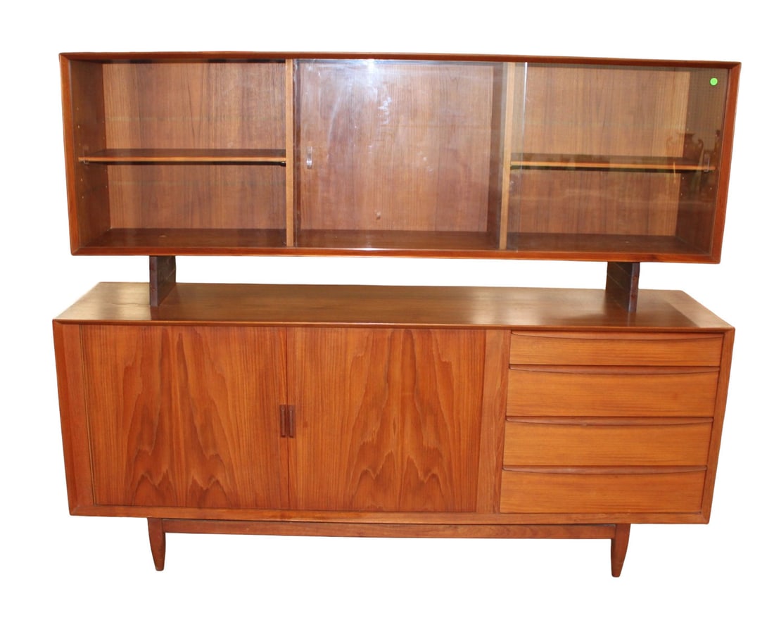 MCM teak & walnut buffet china with fitted interior - nice model: Nice teak and walnut mid century modern 2 piece buffet china, with 3 sliding glass doors and 2 tambour doors which work as should with fitted interior. Nice Model. Structurally sound in original finis