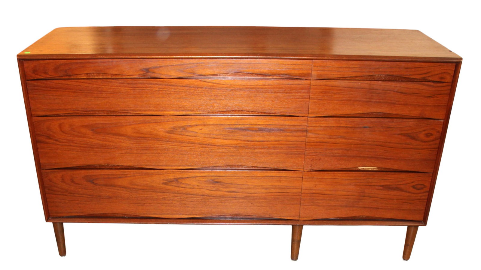 Mid century modern teak dresser 6 drawer chest: Mid century modern teak dresser 6 drawer chest, structurally sound, has 2 finish issues seen, see photos. 32"h x 57"l x 19"d