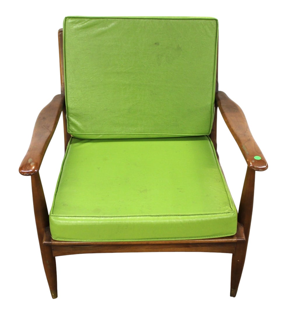 Mid century modern walnut arm chair with cushions,: Mid century modern walnut arm chair with cushions, structurally sound with original finish, wood does show wear. 31"h x 29"w x 30"d with seat height of 17"