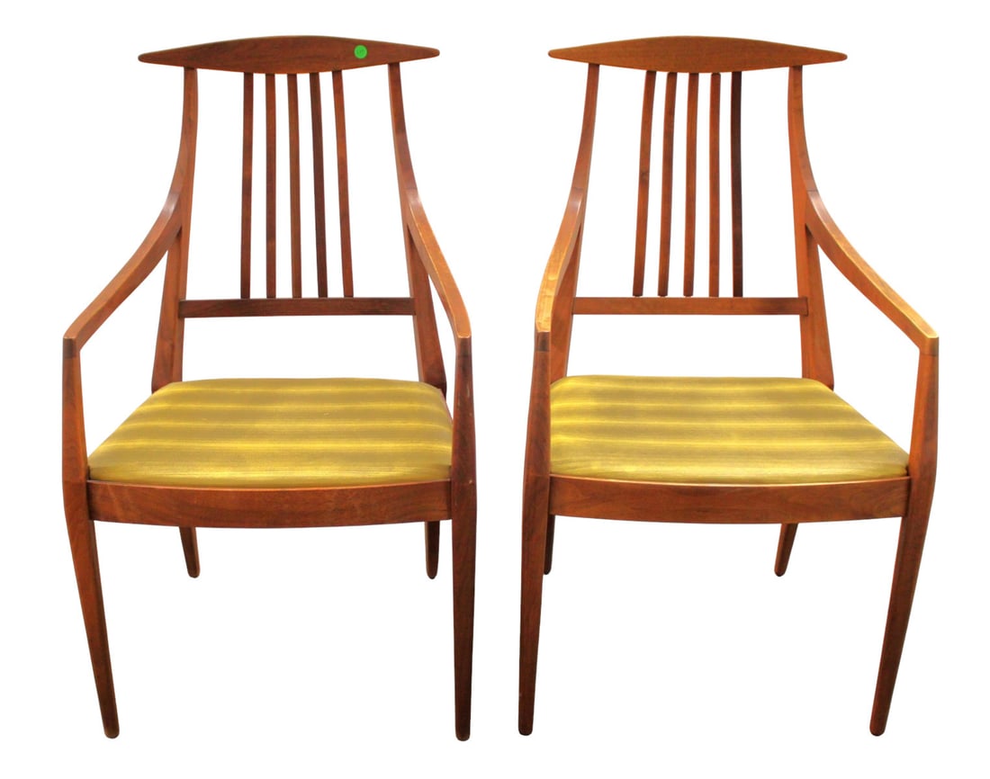 Pair of mid century modern walnut arm chairs: Pair of mid century modern walnut arm chairs, structurally sound with original finish. 37"h x 21"w x 18"d with seat height of 18" each