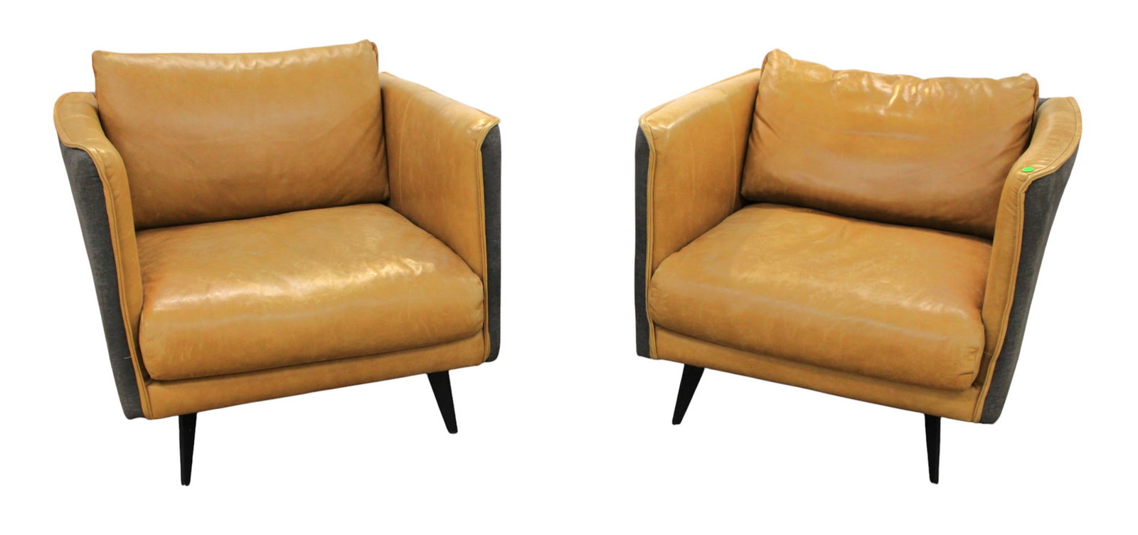Pair MCM style even arm leather & cloth lounge chairs: Fantastic pair of mid century modern style even arm leather and cloth lounge chairs, leather has patina, structurally sound. Moe's Home Collection. 26"h x 34"w x 36"d with seat height 16" each