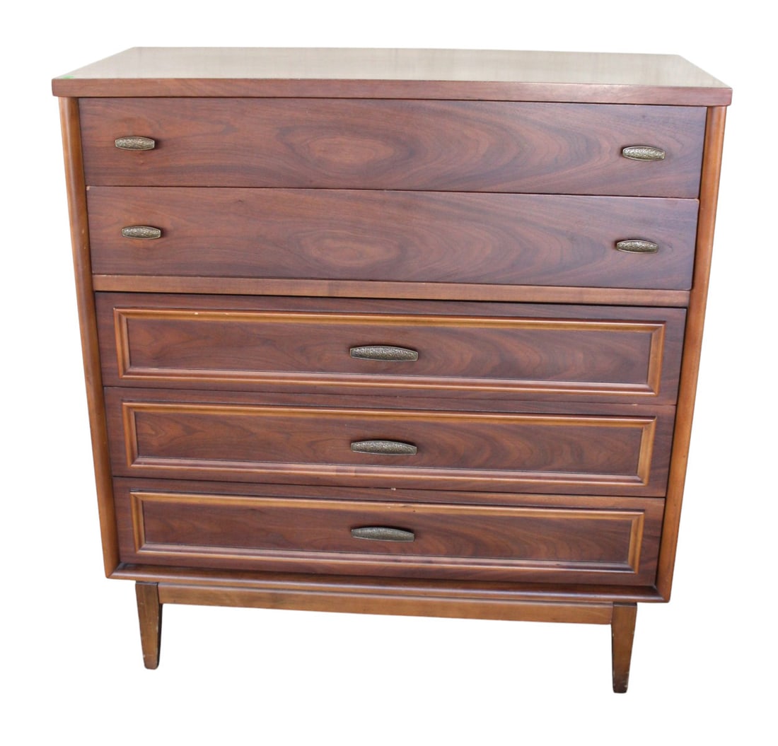Mid century 5 drawer walnut high chest: Mid century 5 drawer walnut high chest, structurally sound and original finish. 44"h x 41"l x 18"d