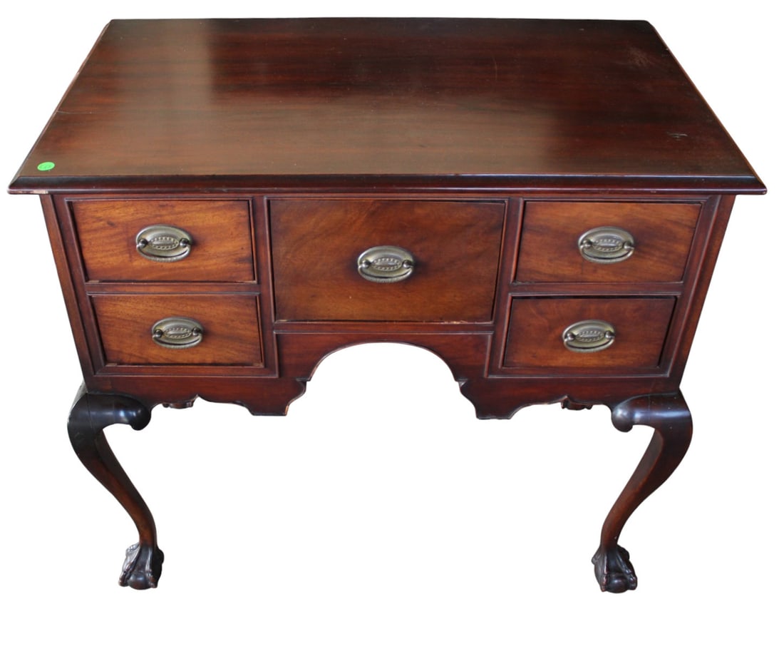 Antique solid mahogany ball & claw low boy chest: Antique solid mahogany ball & claw low boy chest of drawers, structurally sound with original finish, does show repairs over the years see photos. 32"h x 34"l x 20"d