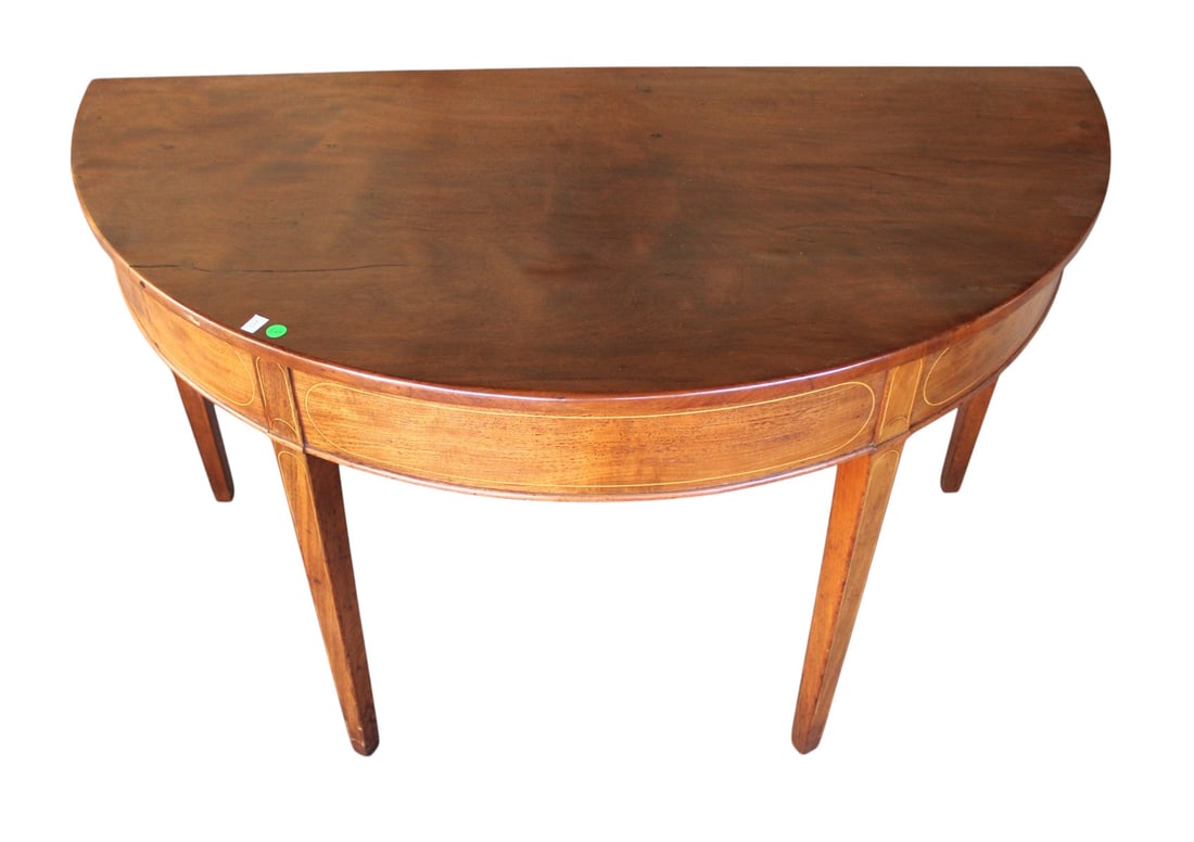 Antique solid mahogany inlaid demilune console table: Antique solid mahogany inlaid demilune console table, structurally sound, does show age. 29"h x 50"w x 25"d