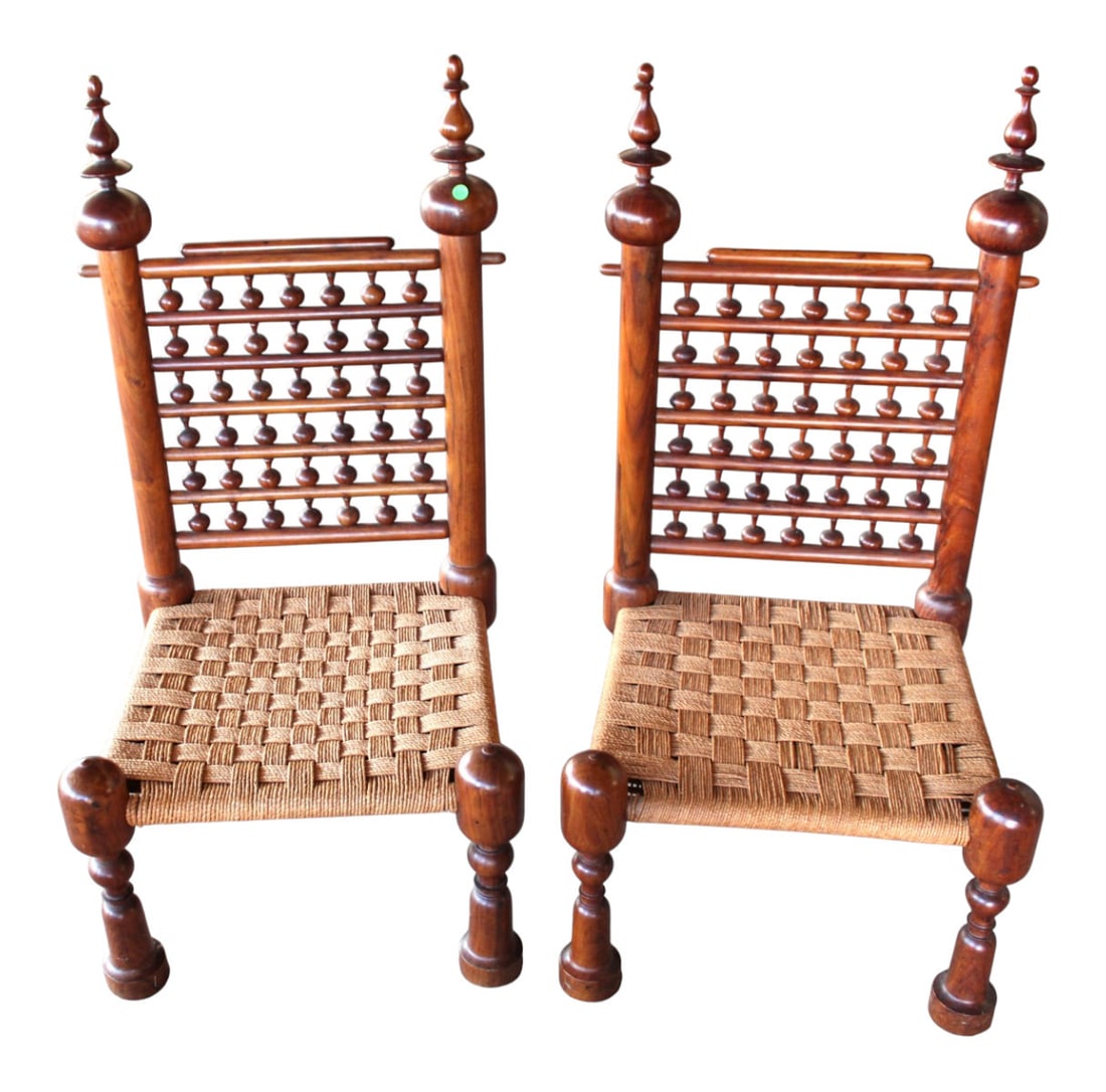 Pair antique stick and ball rush bottom chairs in mahogany and rosewood: Pair of antique stick and ball rush bottom chairs in mahogany and rosewood, structurally sound and good condition for age, an unusual and unique model. 41"h x 22"w x 21"d with seat height 13" each