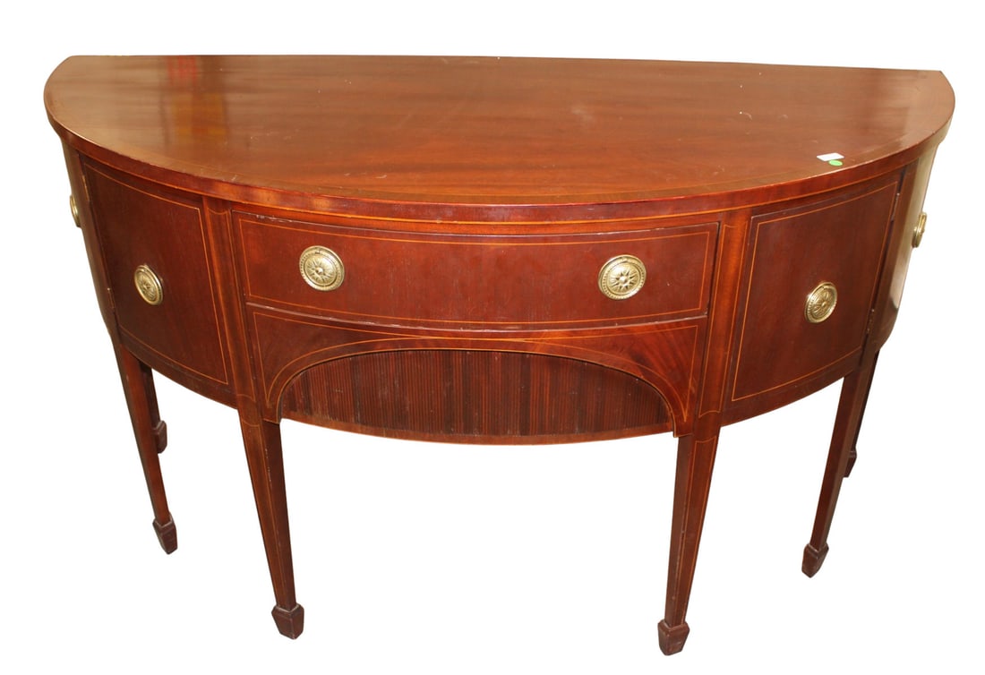 Vintage Baker demilune banded spade footed buffet: Vintage Baker Furniture demilune banded spade footed buffet in the mahogany, original finish, structurally sound some slight wear on top. Nice Quality. 37.5"h x 66"l x 28"d