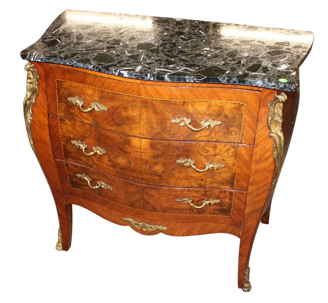 French style marble top chest with applied bronze decorations: Nice french style marble top 3 drawer chest with applied bronze decorations, burl walnut and mahogany with inlaid accents, structurally sound and in good condition, marble is good, some age cracks on 