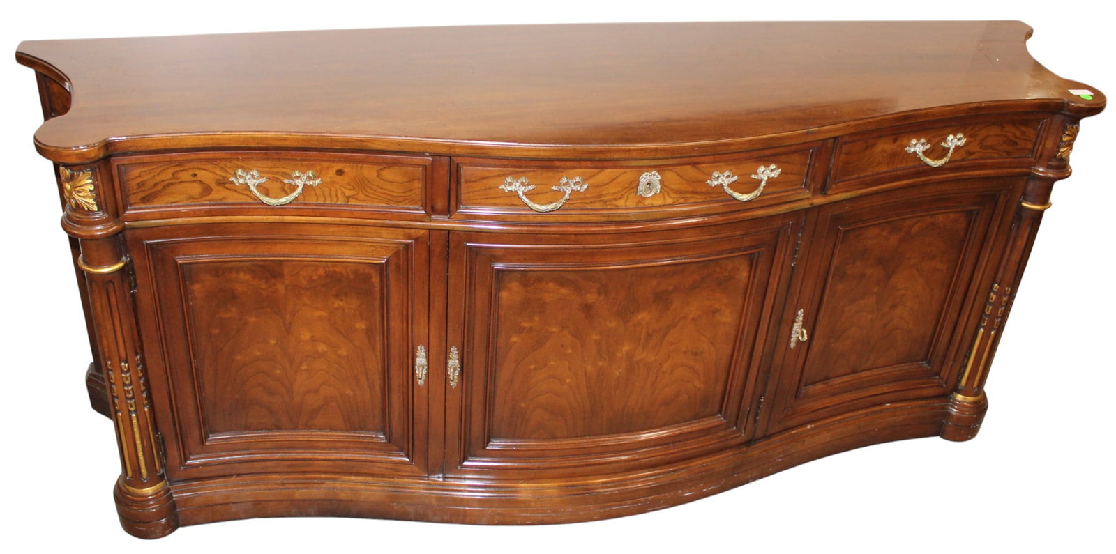 Karges 3 door 3 drawer burl walnut buffet: Karges 3 door 3 drawer burl walnut buffet, structurally sound and in good condition with slight wear on top. 29"h x 71"w x 19"d