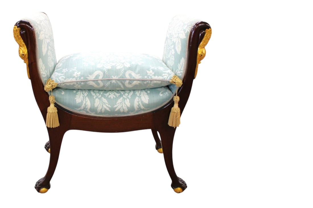 Swan carved mahogany framed even arm bench, down cushion with tassels: Swan carved and mahogany framed even arm bench, down cushion with tassels, structurally sound and in good condition. Arms show slight wear. 29"h x 29"l x 15"w