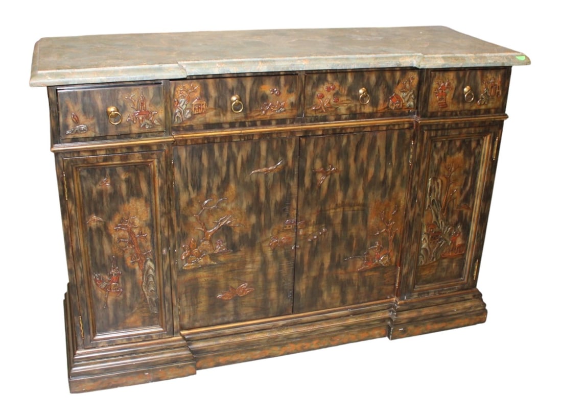 Maitland Smith Asian decorated m/t credenza with key: Maitland Smith Asian decorated marble top decorator credenza with key, 4 drawer 4 door, structurally sound and in good condition, marble is good. 37.5"h x 55"l x 20"d