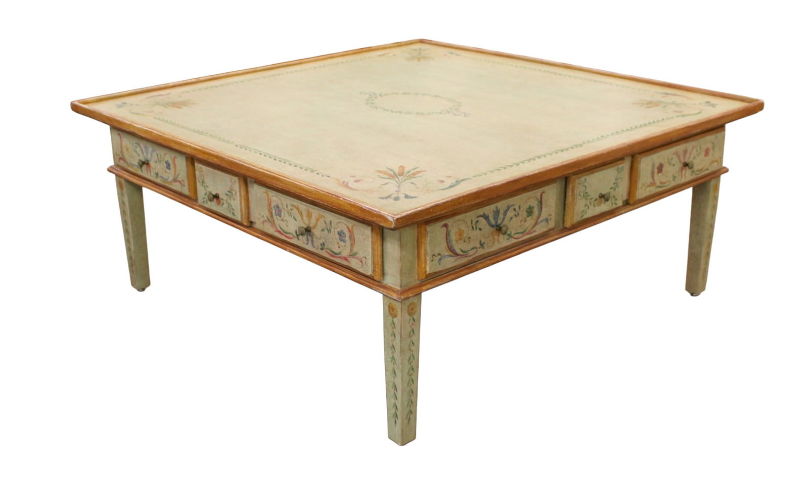 Country French style paint decorated square coffee table: Country French style paint decorated 4 drawer square coffee table, structurally sound and in good condition. 18"h x 42"d x 42"w