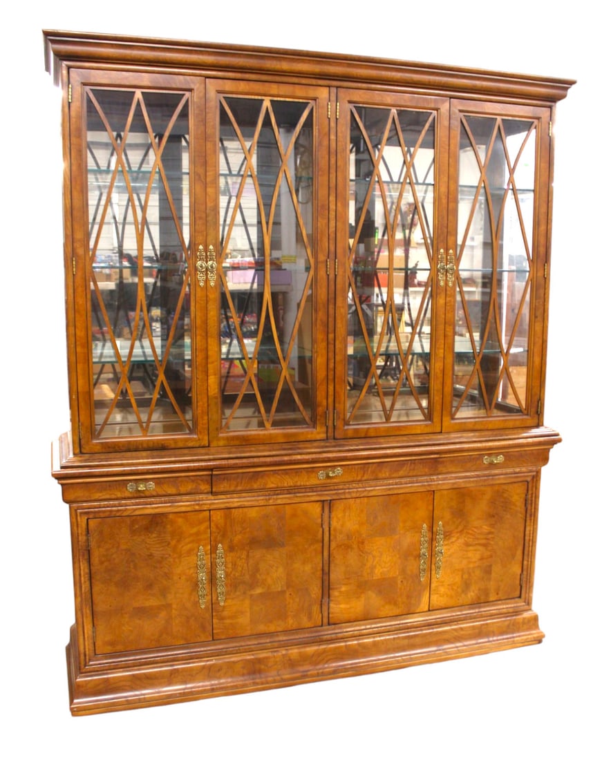 Impressive Henredon 2 piece burl walnut china buffet, fitted interior: Impressive Henredon 2 piece burl walnut china buffet, 6 glass shelves, lighted, fitted buffet base with drawers, structurally sound and in good condition, with no noticeable issues, one of the shelves