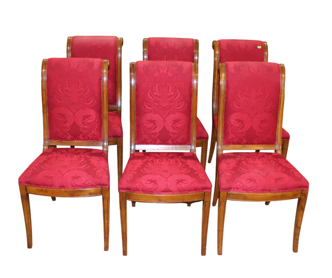 Set 6 Henredon high back upholstered dining room chairs: Set of 6 Henredon high back upholstered dining room chairs, walnut frame, upholstery may need cleaning. structurally sound and in good condition, 40"h x 21"w x 20"d seat height 20"