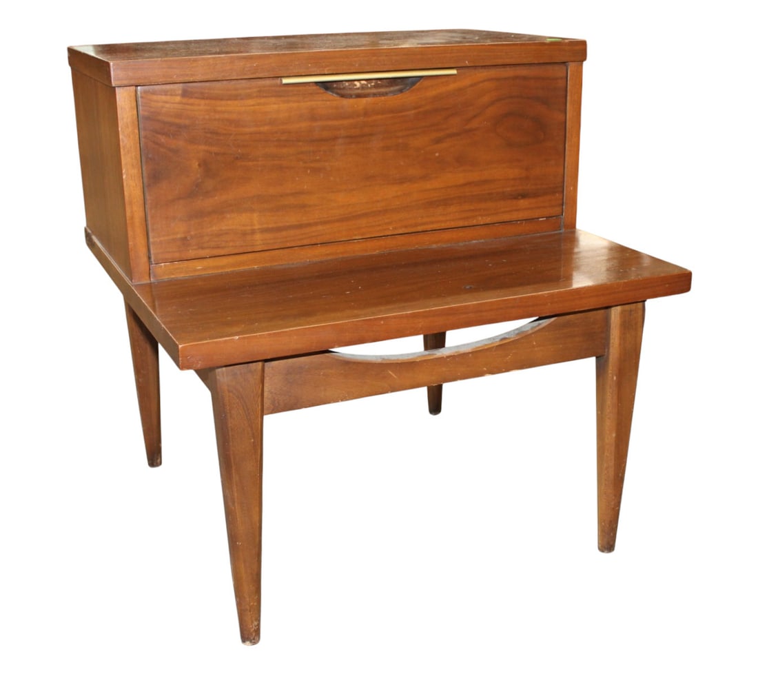 Mid century Kent-Coffey The Tableau step up nightstand: Mid Century Modern Kent Coffey The Tableau 1 drawer step up nightstand in the walnut, original finish, structurally sound, one slight mark in finish on step and veneer loss on left side, see photos. 2