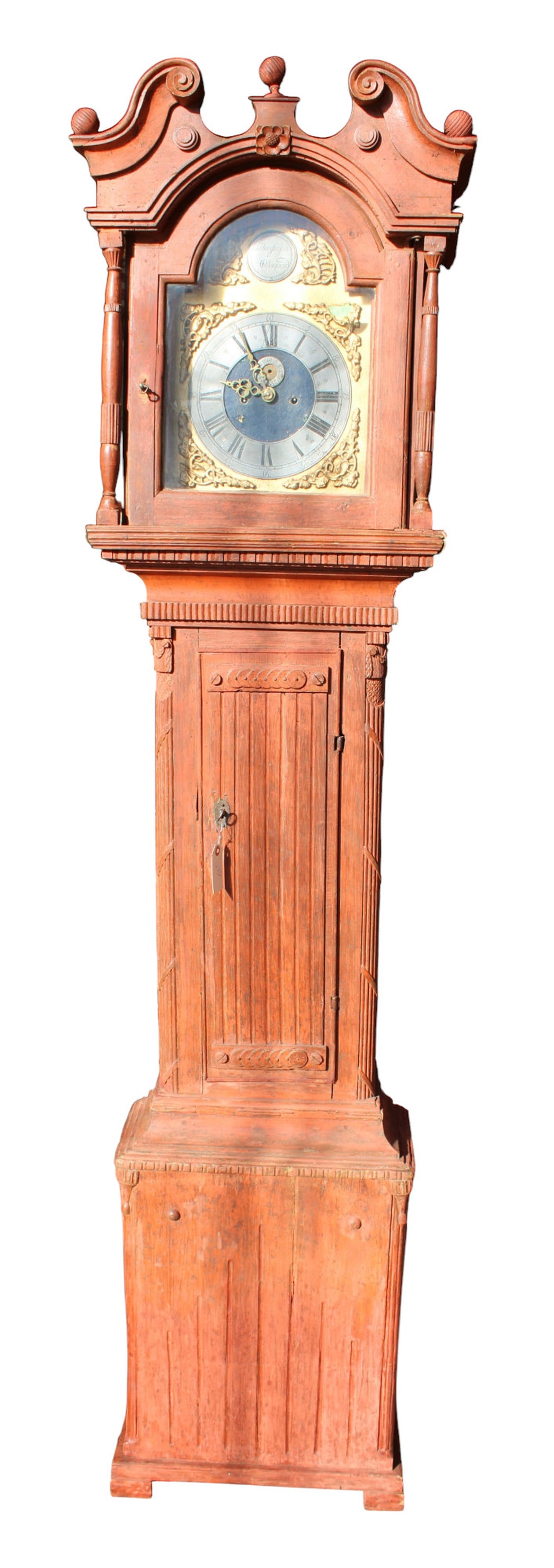Antique painted tall case grandfather clock: Antique painted tall case grandfather clock, Ludvig N3. Hansen by Strandstrede, as is, no weights, no pendulum, structurally sound, does show age. 83"h x 18"w x 10"d