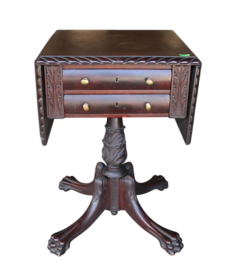 Antique solid mahogany carved drop leaf table attr. Feldenkreis: Antique solid mahogany carved drop leaf table with 2 doors, attributed to Feldenkreis structurally sound and in good condition for age. 28"h x 19"w x 19"d opens to 39"w